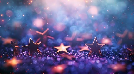 Conceptual extravagance brilliant stars on dull blue and purple background with lighting impact and spakle - obrazy, fototapety, plakaty