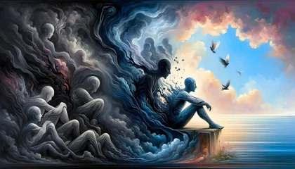 Foto op Canvas A digital painting vividly depicting the evolution of a person from being engulfed by anxiety to achieving a state of calm and freedom © PITTHAYA