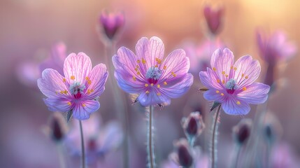  Pink flowers in a field of green and purple, under the sun