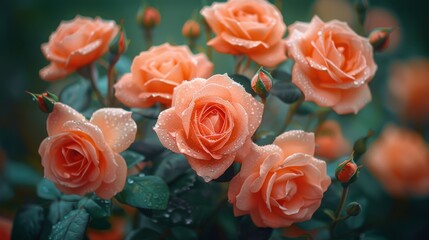 A macro photo of orange roses with droplets of water on their petals and green foliage on their stems - obrazy, fototapety, plakaty