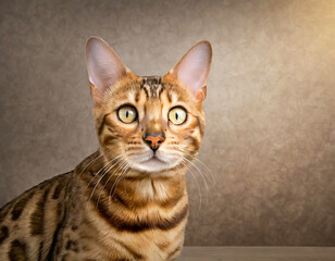 Naklejka na ściany i meble Bengal cat in portrait brown animal looking with pleading stare with copy space for advertizing text