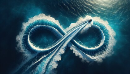 A jet ski is riding the waves of a giant, swirling, water-filled infinity symbol. The jet ski is the only object in the image, and it is the only thing that is moving. The water is blue and he is calm