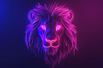 Illustration of a lion head logo, neon backdrop.