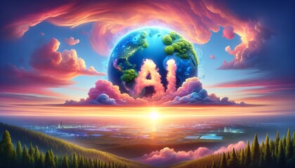 A colorful, abstract painting of a planet with the letters AI on it. The painting has a dreamy, surreal feel to it, with a mix of bright colors and a sense of wonder - obrazy, fototapety, plakaty
