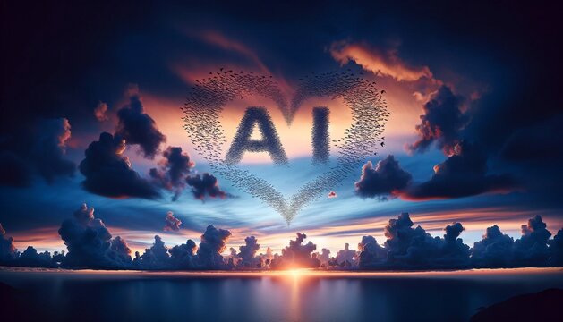 A heart made of birds is written AI in the sky above a body of water. Concept of AI freedom and peace, as the birds symbolize the ability to soar and the water represents tranquility