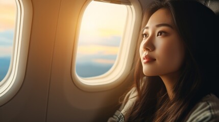 Fototapeta premium Close-up of a beautiful Asian woman sitting in an airplane seat near the porthole. The concept of travel, Vacation, flight.