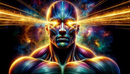 A man with a face that is glowing with light. The man's face is surrounded by a colorful background