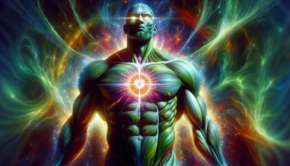 A man with a heart on his chest is surrounded by a colorful, glowing background. Concept of spirituality and inner peace