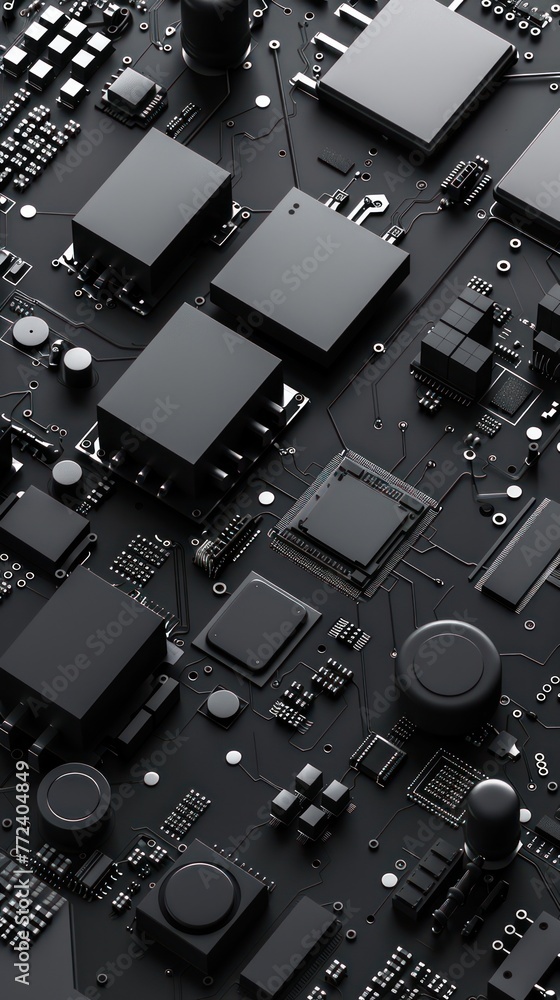 Poster this image shows a detailed view of a black electronic circuit board with various components such as