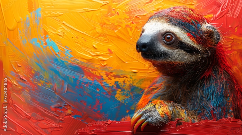 Poster  A detailed depiction of a sloth on an array of colors  as the canvas background