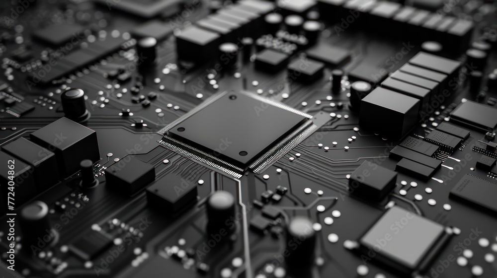 Poster this image showcases a detailed close-up view of a black computer motherboard with various electroni
