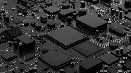A monochrome close-up view of a motherboard with various electronic components emphasizing technology and complexity