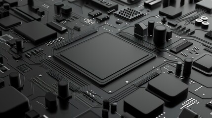 An intricate close-up image of a modern black motherboard featuring a central processing unit, various circuits, and other electronic components