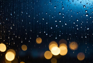 Abstract background with raindrops on window and night blurred light. Rain drops on glass for backgrounds rainy fall autumn weather. Outside window is blurred bokeh water of night city - obrazy, fototapety, plakaty