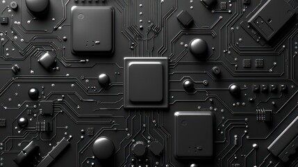 Fototapeta premium This image showcases a close-up view of a black circuit motherboard with various electronic components and connectors in a monochromatic scheme