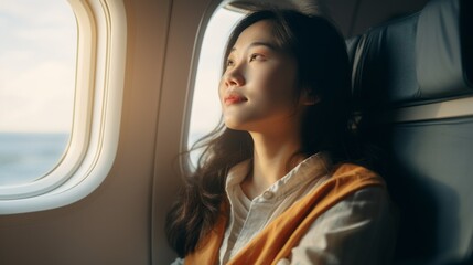 Fototapeta premium Close-up of a beautiful Asian woman sitting in an airplane seat near the porthole. The concept of travel, Vacation, flight.