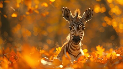  Zebra, baby, amidst orange-yellow forest leaves, gazes at camera