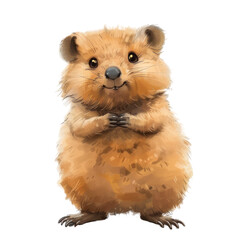 Charming quokka illustration standing upright with a joyful expression and soft fur, on a dark transparent background.