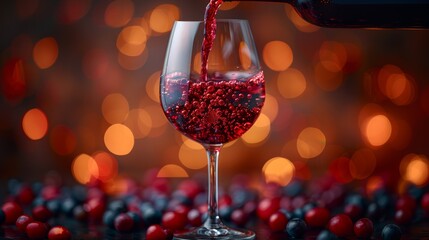   a glass of red wine pouring into a crystal wine glass with cranberries in the foreground on a solid colored background