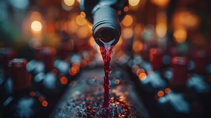   a red liquid pouring out of a metal faucet with sharp focus on the subject and minimal background blur - obrazy, fototapety, plakaty