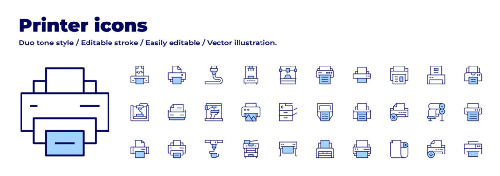 Printer icons collection. Duo tone style. Editable stroke, power, paperroll, printing, remove, printingmachine, printer, multifunctionprinter.