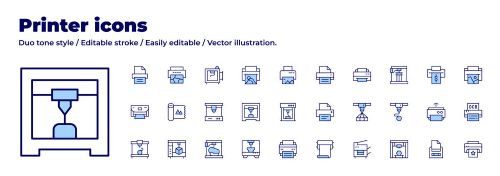 Printer icons collection. Duo tone style. Editable stroke, print, paperroll, printing, scanner, printer.