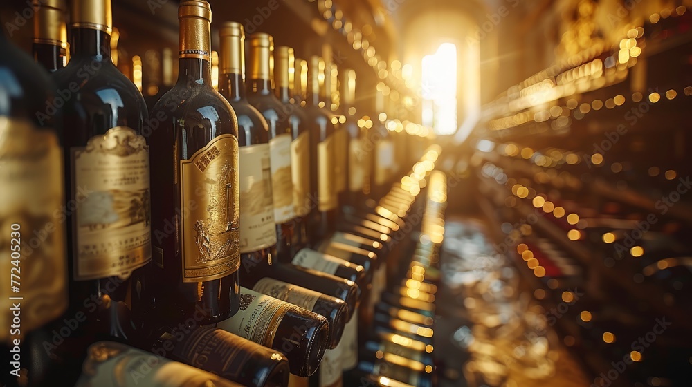 Poster a row of wine bottles sits on a shelf next to a row of wine-filled shelves
