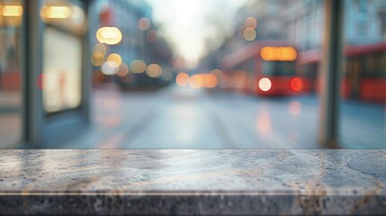 Stone table top with copy space. Bus stop background