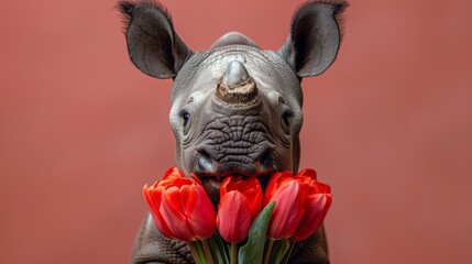  A rhinoceros holding a bouquet of red tulips in its mouth, facing the camera