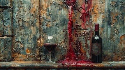  A red liquid pours from the wine bottle into the glass - obrazy, fototapety, plakaty
