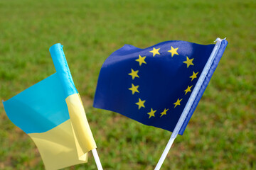 Flag of the European Union. Ukrainian flag. Wheat field in spring. 