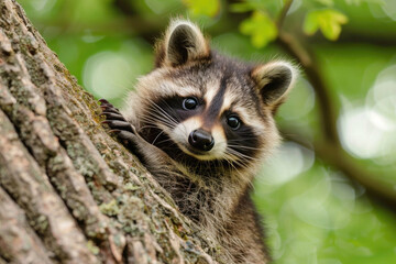 A mischievous raccoon kit with a masked face and a playful grin - obrazy, fototapety, plakaty