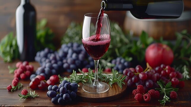  A wine glass filled with red wine, garnished with grapes, raspberries, and basil