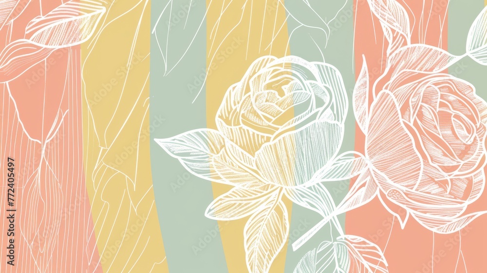 Poster a colorful drawing of a rose on a multicolored striped backdrop, featuring a central diagonal line