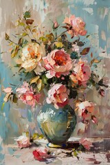a bouquet of flowers with various shades of pink, white, and accents in a green vase, exhibiting a gorgeous impressionist style