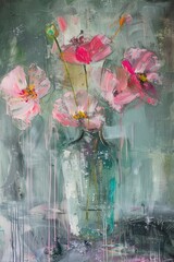 This image depicts a vibrant abstract floral painting with noticeable dripping effects, showcasing a bouquet of flowers in a vase against a textured backdrop