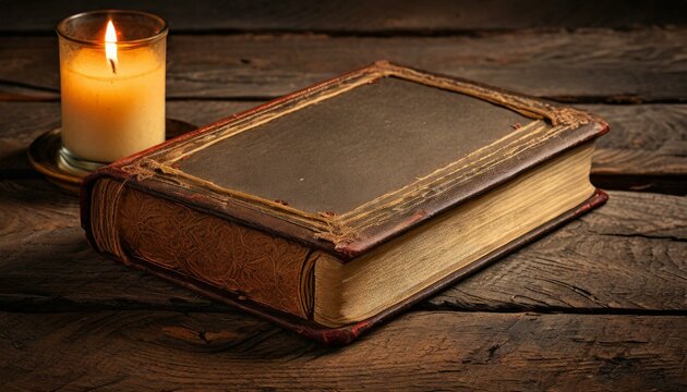 Glimpse of History: Old Book and Candlelight on Rustic Table