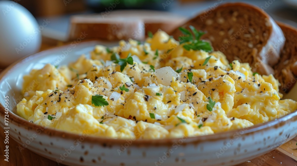 Poster  A close-up of a bowl of eggs on a table surrounded by bread and eggs on a plate in the background