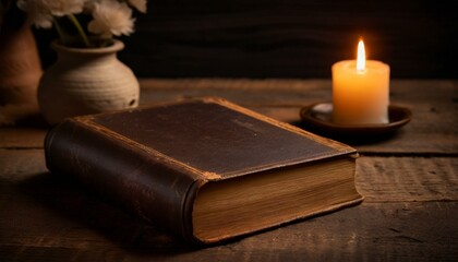 Nostalgic Atmosphere: Antique Book and Candle evoke Bygone Eras