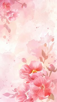 This delicate image features beautiful pink blooming flowers with subtle watercolor splashes, evoking a gentle and romantic atmosphere