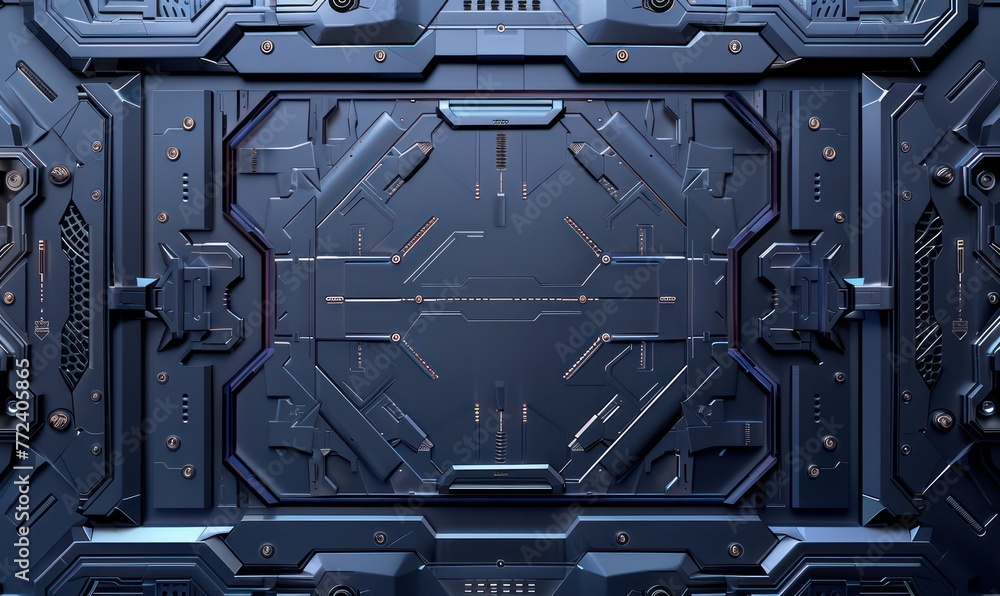 Poster a high-detail image showing an intricate blue cyber technology panel with geometric patterns suggest