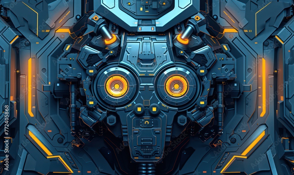 Poster this image features a close-up view of an elaborately detailed robot face with blue and orange accen