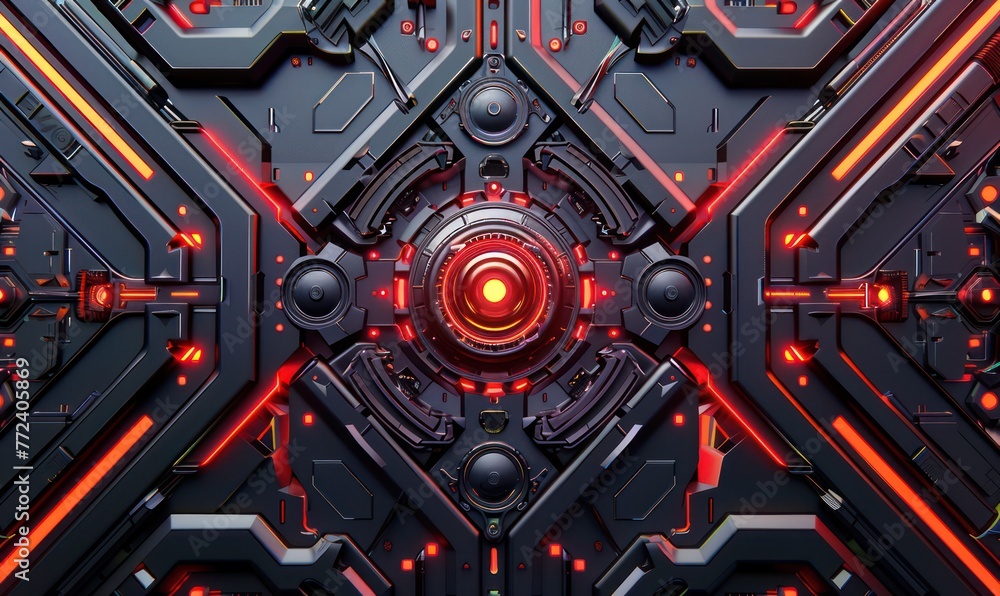Poster a high-detail image of a futuristic, symmetrical mechanical panel with glowing red and blue lights a