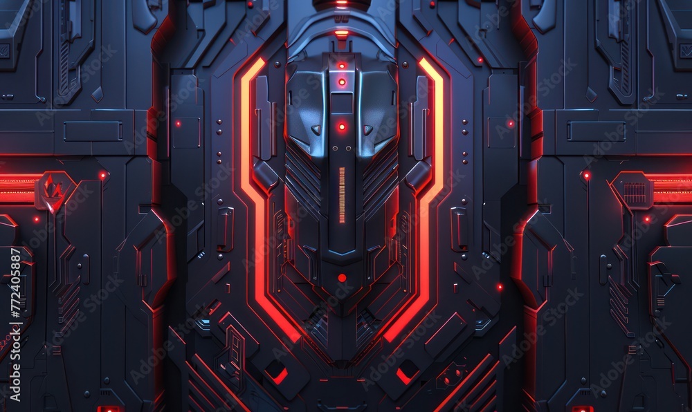 Poster this image features a symmetrically designed cyber wall with intricate patterns and a glowing red an