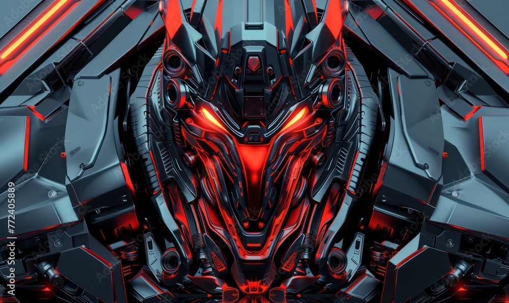 Poster this image displays a complex design featuring a symmetrical robotic face with glowing red lights, d