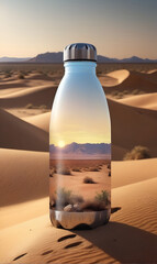 A bottle of water on the sand in the middle of a hot desert.