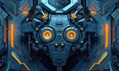 This image features a close-up view of an elaborately detailed robot face with blue and orange accents, showcasing symmetry and technological design - obrazy, fototapety, plakaty