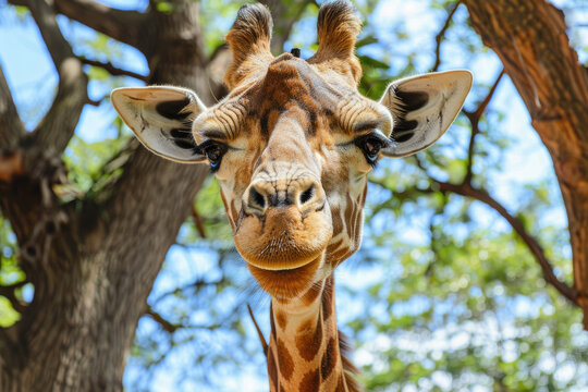 A goofy giraffe with a long neck, big eyelashes, and a surprised expression