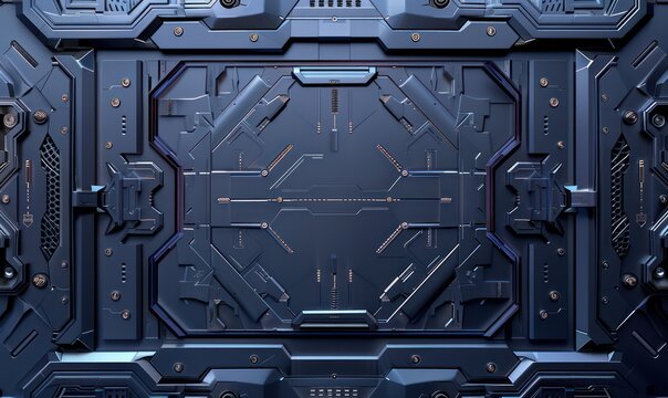 A high-detail image showing an intricate blue cyber technology panel with geometric patterns suggestive of advanced tech