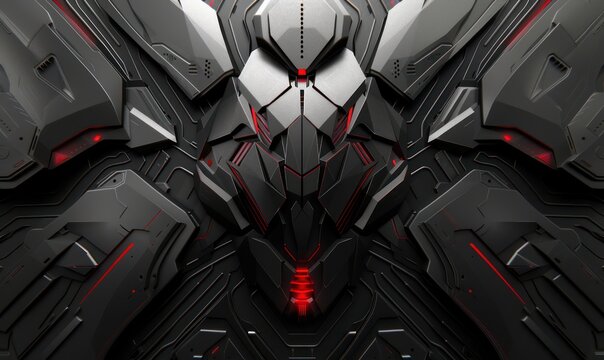This close-up image showcases a symmetrical design of futuristic robotic armor with intricate patterns and red glowing accents, embodying a high-tech and powerful aesthetic